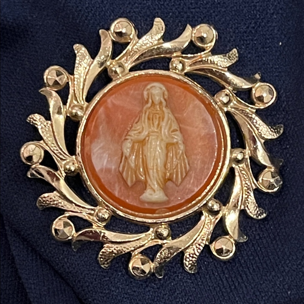 Vintage Mother Mary Cameo gold town and Orange Brooch